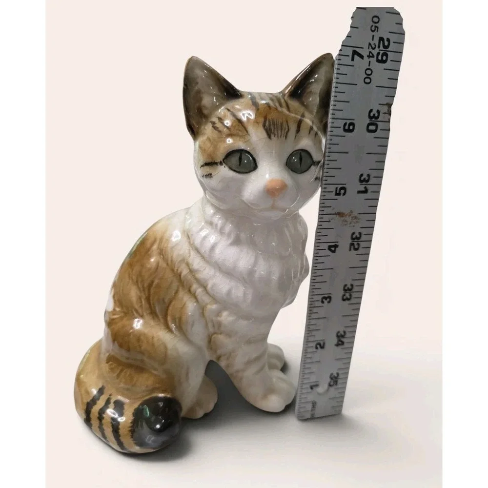 Vtg Porcelain Tabby Cat Figurine Sitting Green Eyes Nippon Yoko Boeki Co Japan